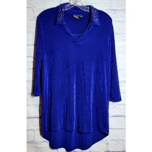 Chico's Traveler Size 2 = L Blue Studded Collar Blouse High Low Hem Top Y2K